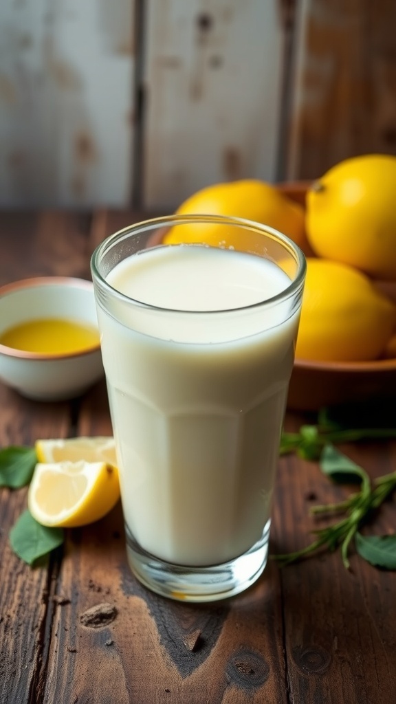 A glass of homemade buttermilk with lemons and vinegar on a wooden table.